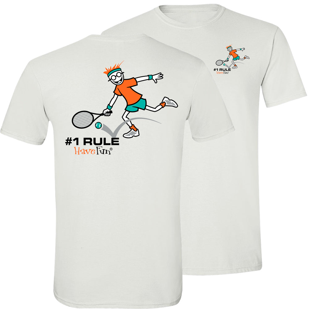 white shirt with graphic of person playing tennis on the front