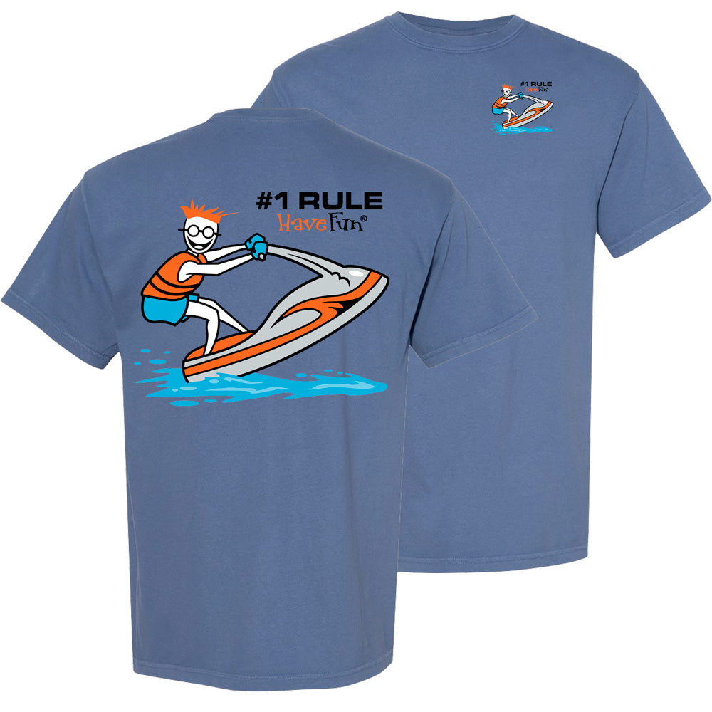 blue shirt with graphic of person on a jetski on the front