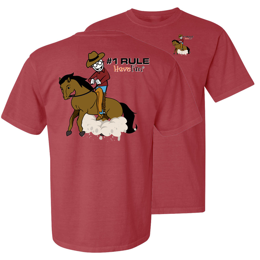 red shirt with graphic of person riding a horse on the front