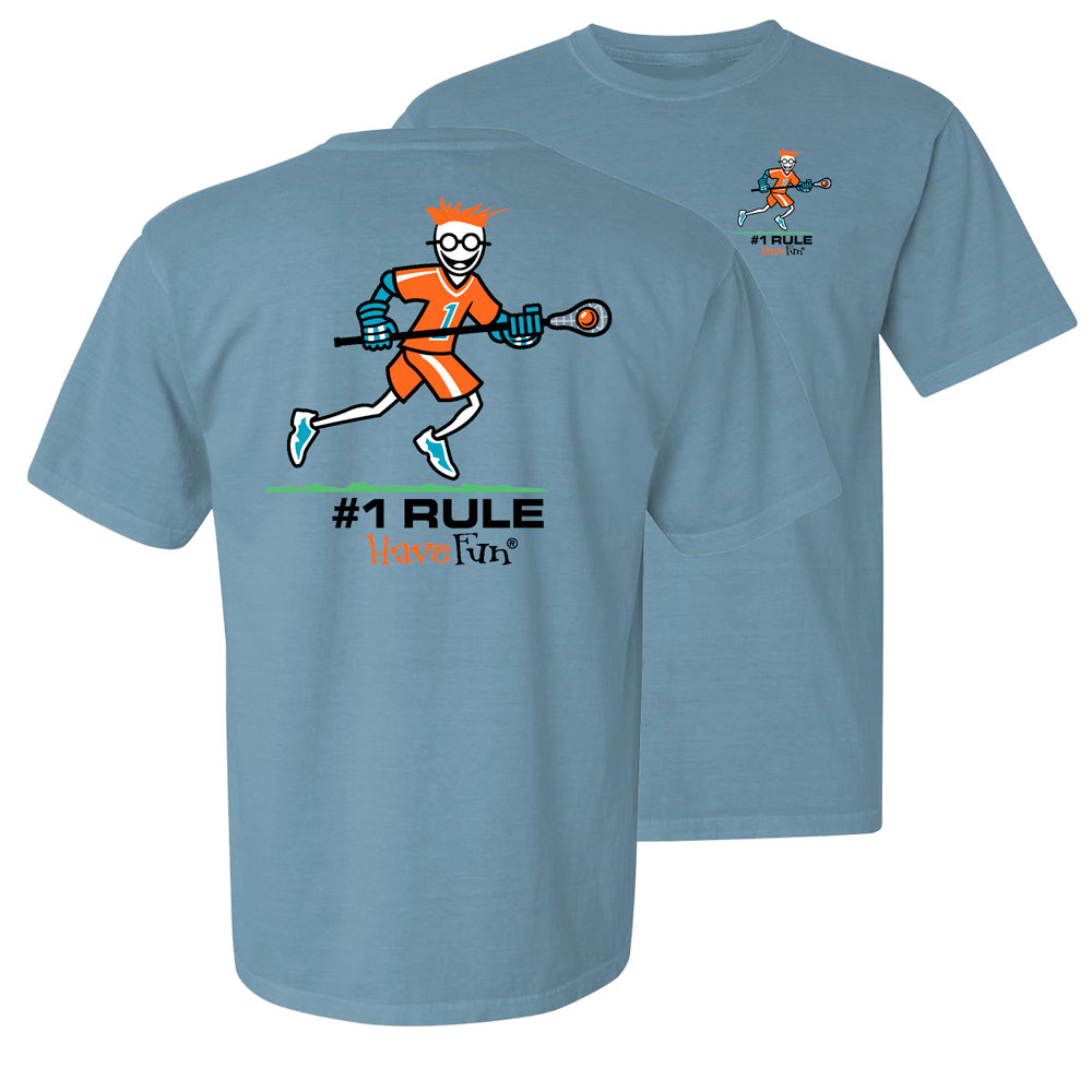 blue shirt with graphic of person playing lacrosse on the front