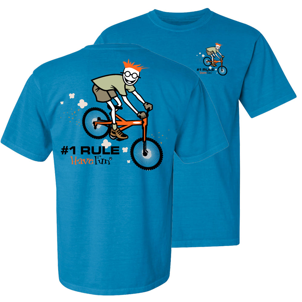 blue shirt with graphic of person riding a bike on the front