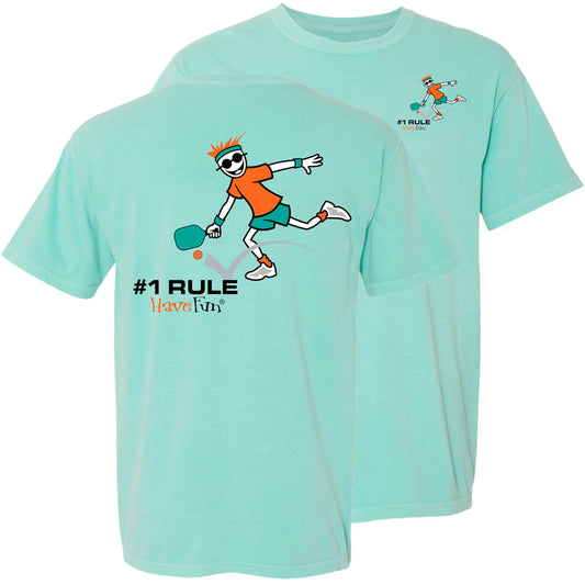 mint shirt with graphic of person playing pickle ball on the front