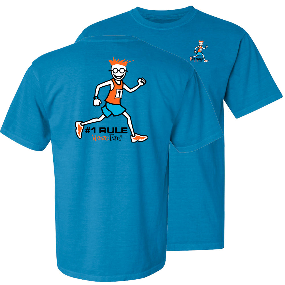 blue shirt with graphic of person running on the front