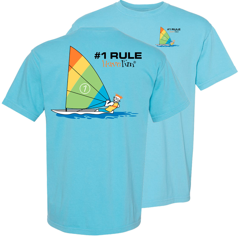 blue shirt with graphic of person wind surfing on the front