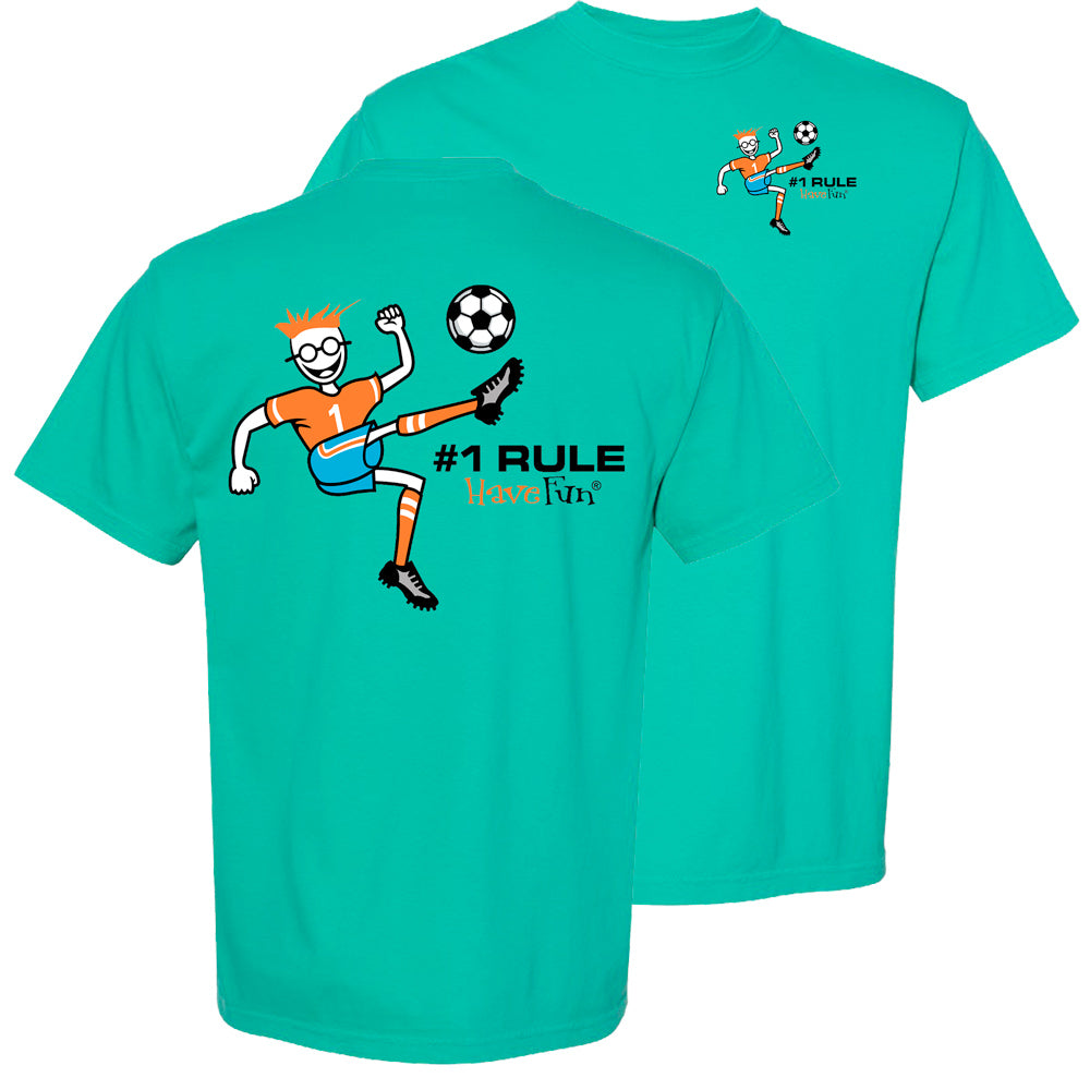 green shirt with graphic of person playing soccer on the front