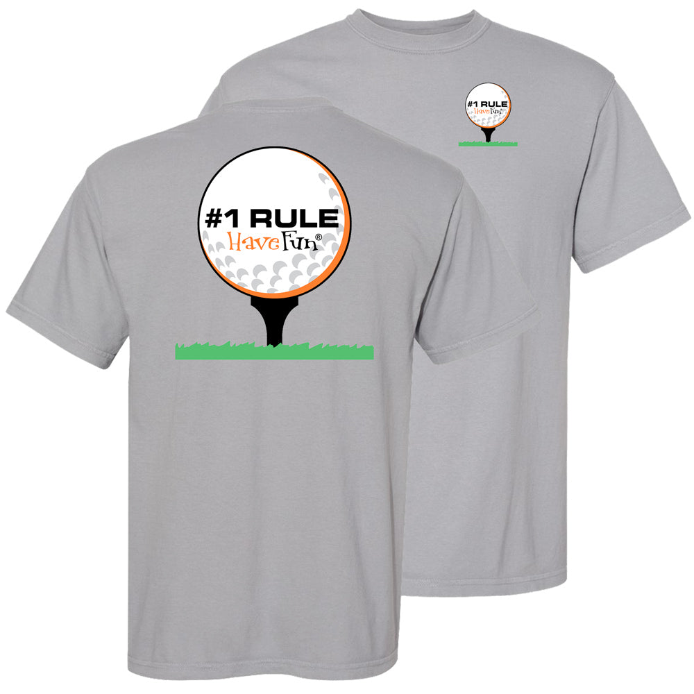 grey shirt with graphic of golf ball on the front