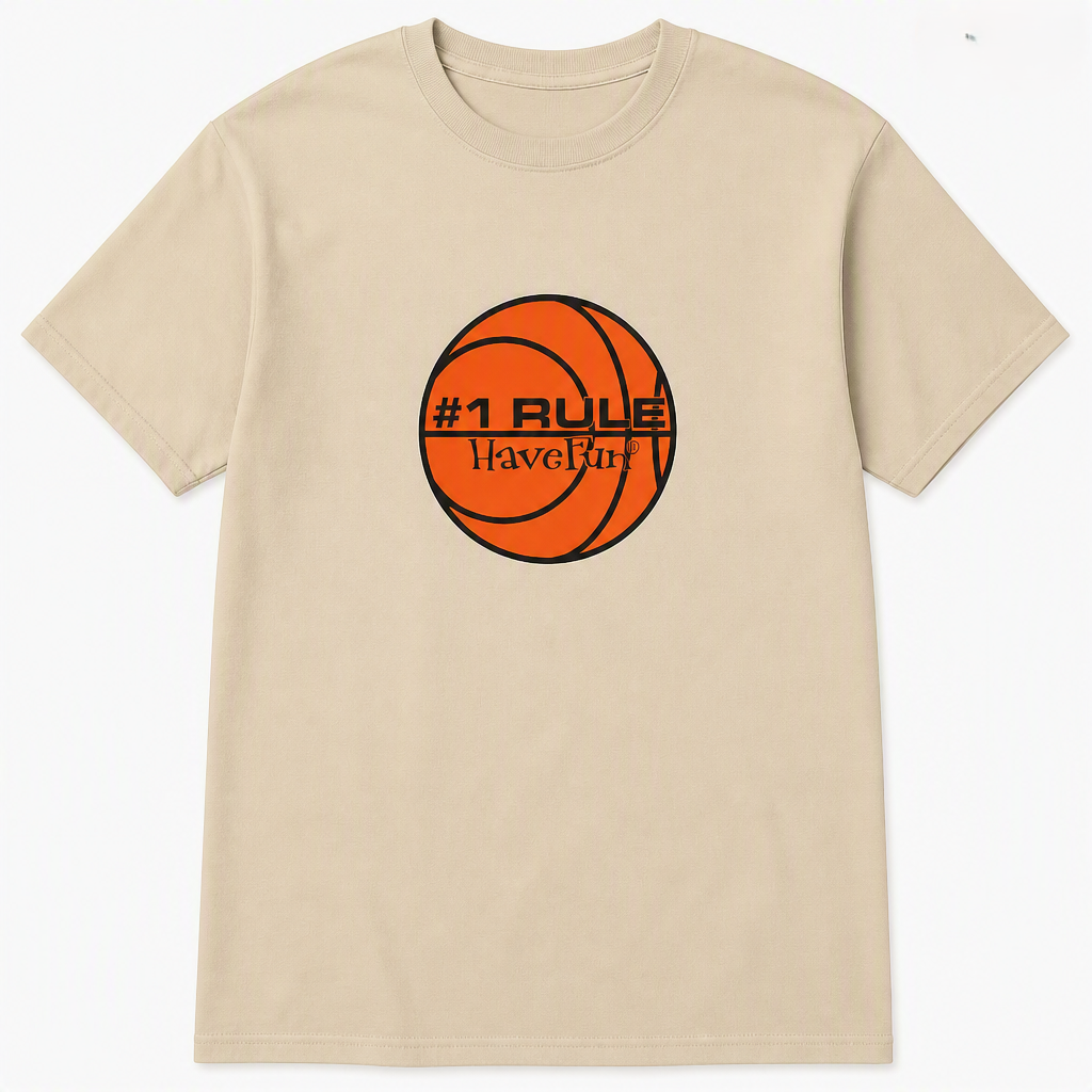 Sand-colored Have Fun basketball T-shirt with orange basketball graphic