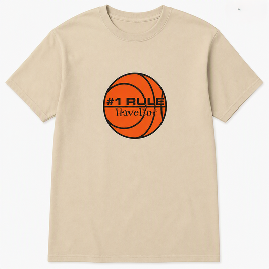 Sand-colored Have Fun basketball T-shirt with orange basketball graphic