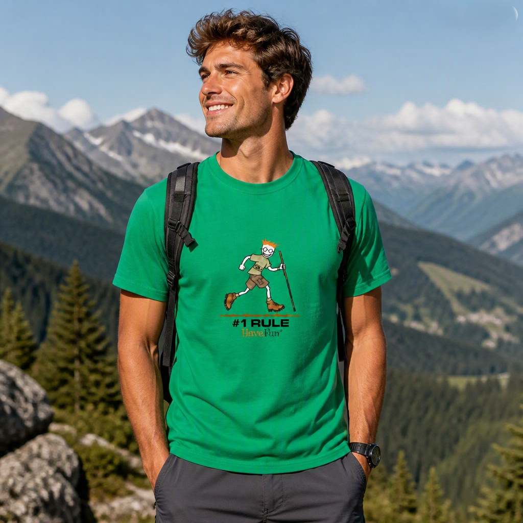 Have Fun hiking T-shirt worn outdoors, rear view