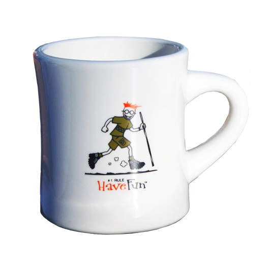 mug with graphic of person hiking