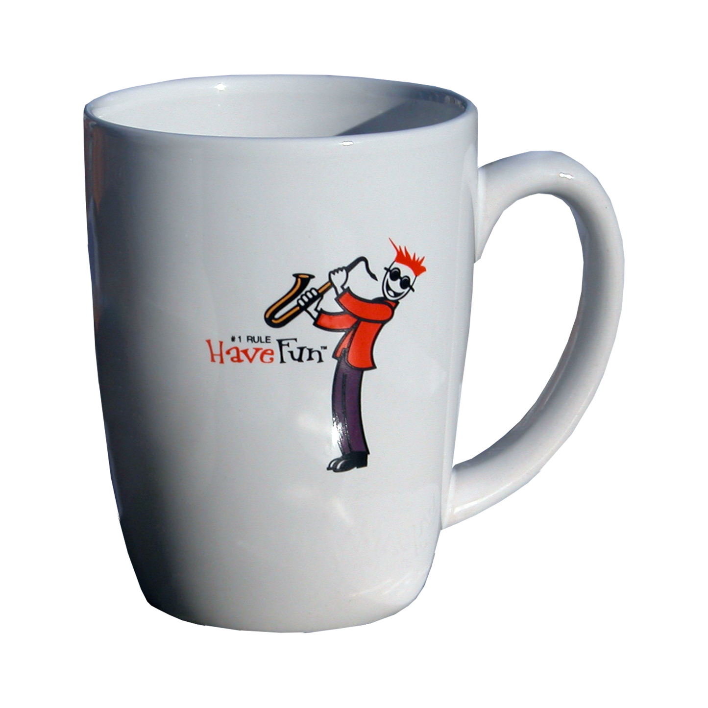 mug with graphic of person playing saxophone