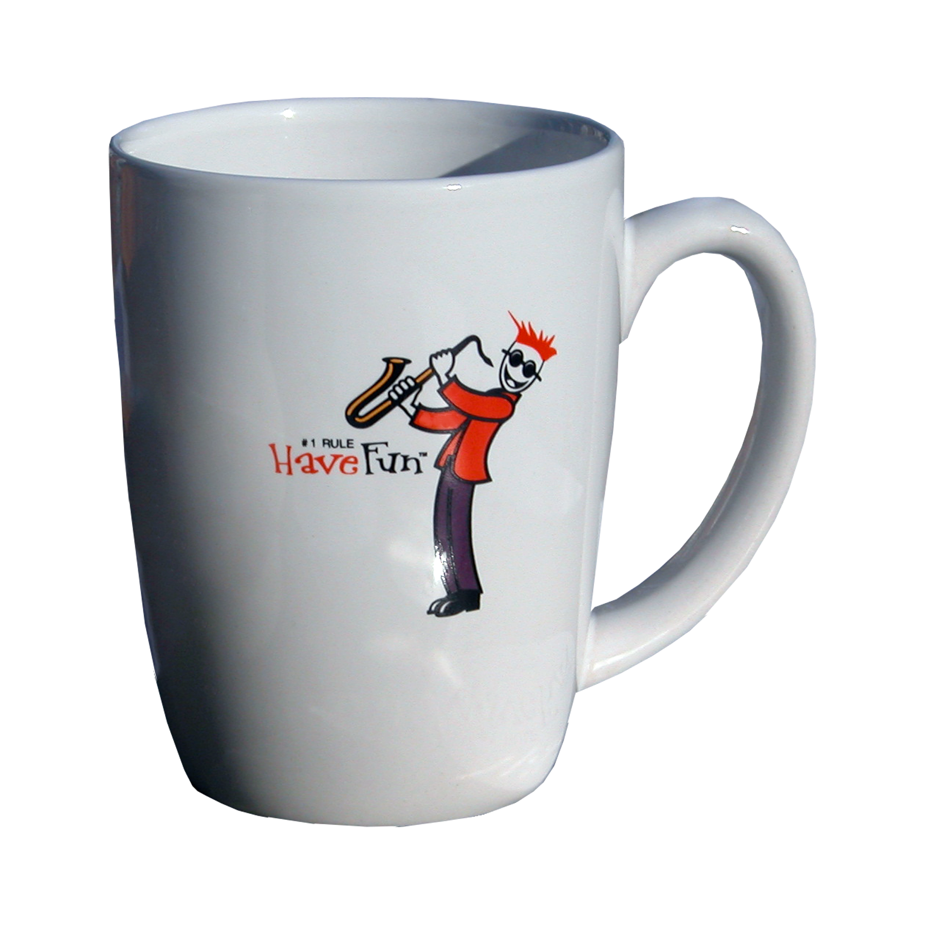 mug with graphic of person playing saxophone